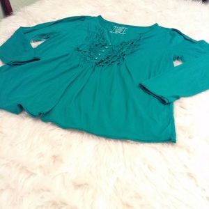 Lane Bryant Blouse 14/16 green Ruffle Neckline(BL